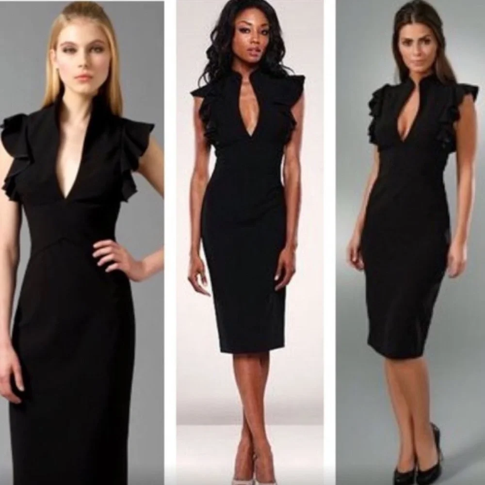 🎉HOST PICK✨Black Halo Wine Keyhole Slit Ruffle Sleeve Eva dress cocktail midi - Picture 3 of 11